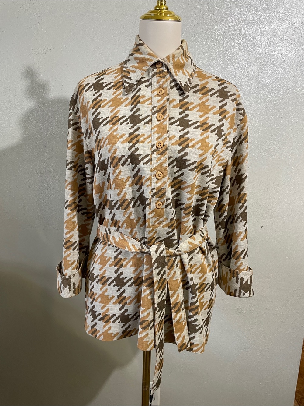 Vtg Jack Winter Belted Shirt L Tan Brown Abstract Print Long Sleeve Casual Retro